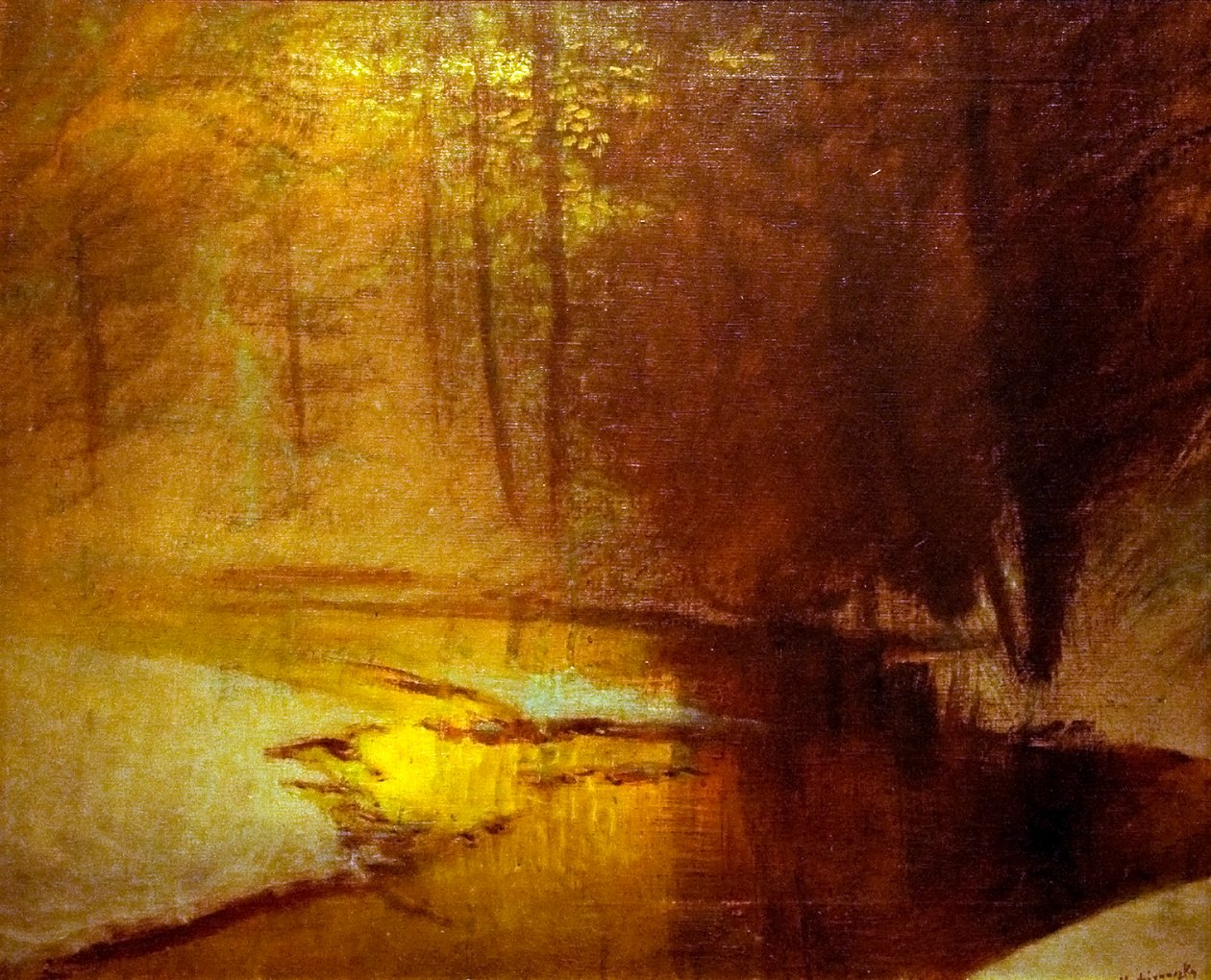 Aranylo fenyek a teli erdobennAngielski: Golden_Lights_in_the_Winter_Forestn autorstwa Laszlo Mednyanszky