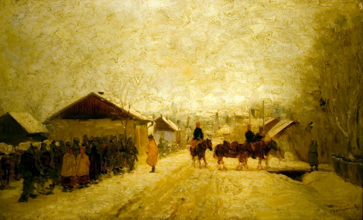 Teli tajban vonulo katonaknAngielski: Marching_Soldiers_in_Winter_Landscapen autorstwa Laszlo Mednyanszky