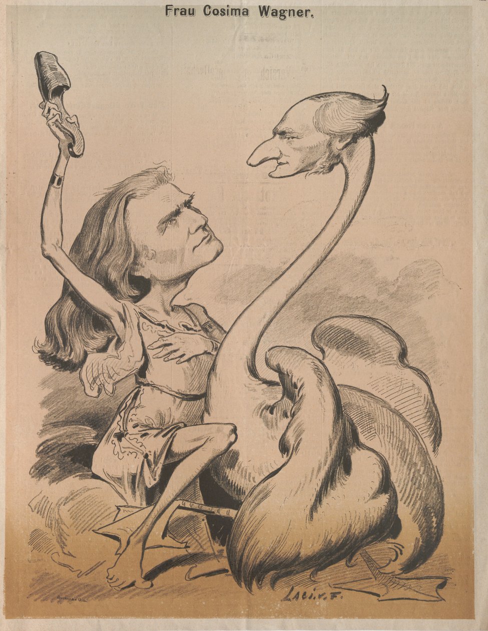 Richard Wagner jako Swan i Cosima Wagner jako Leda Cover of Die Bombe, 1875. autorstwa Laszlo Frecskay