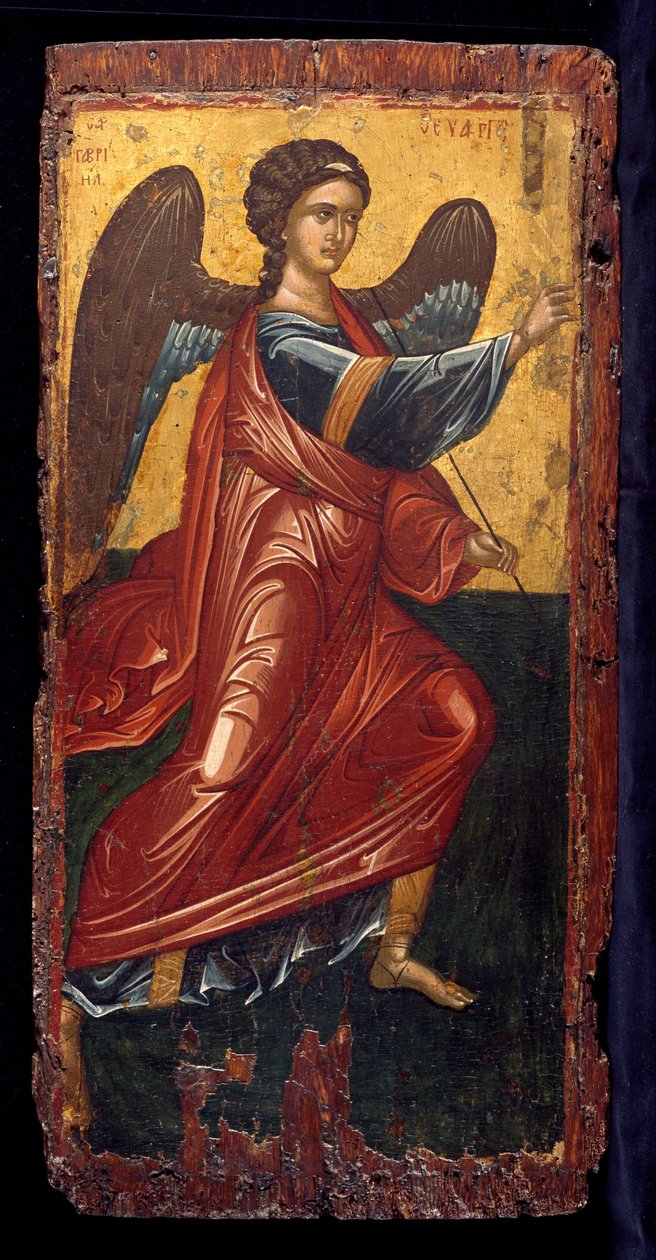Archanioł Gabriel w scenie Zwiastowania na Królewskich Drzwiach ikonostasu. autorstwa Byzantine Greek