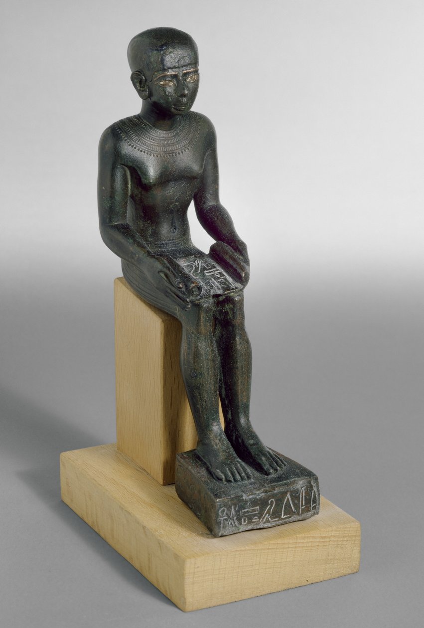 Statuetka boga Imhotepa, oczy inkrustowane miedzią i złotem (brąz) autorstwa Late Period Egyptian