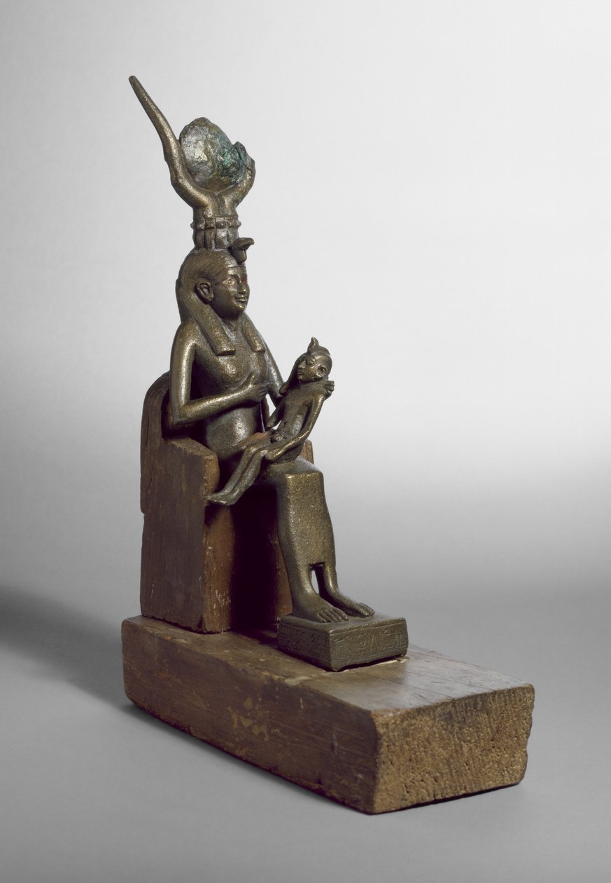 Statuetka wotywna Izydy karmiącej dziecko Horus, odnaleziona w Sakkarze wraz z oryginalnym drewnianym tronem i podstawą (brąz) autorstwa Late Period Egyptian