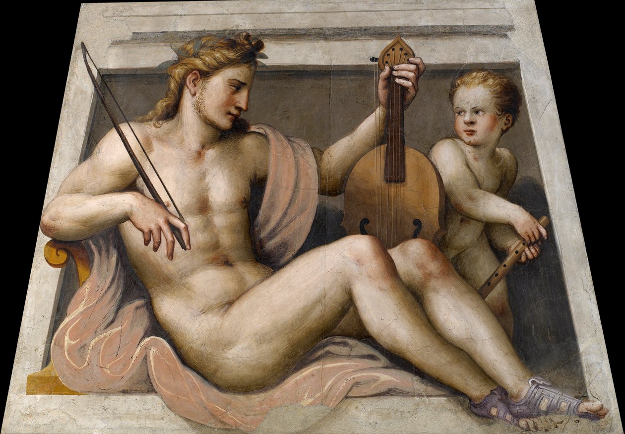 Apollo z kupidynem par Gambara, Lactantius (ok. 1530-1574). Fresk, format: 155,5x109, Galeria Sztuki Tosio Martinengo, Brescia autorstwa Lattanzio Gambara