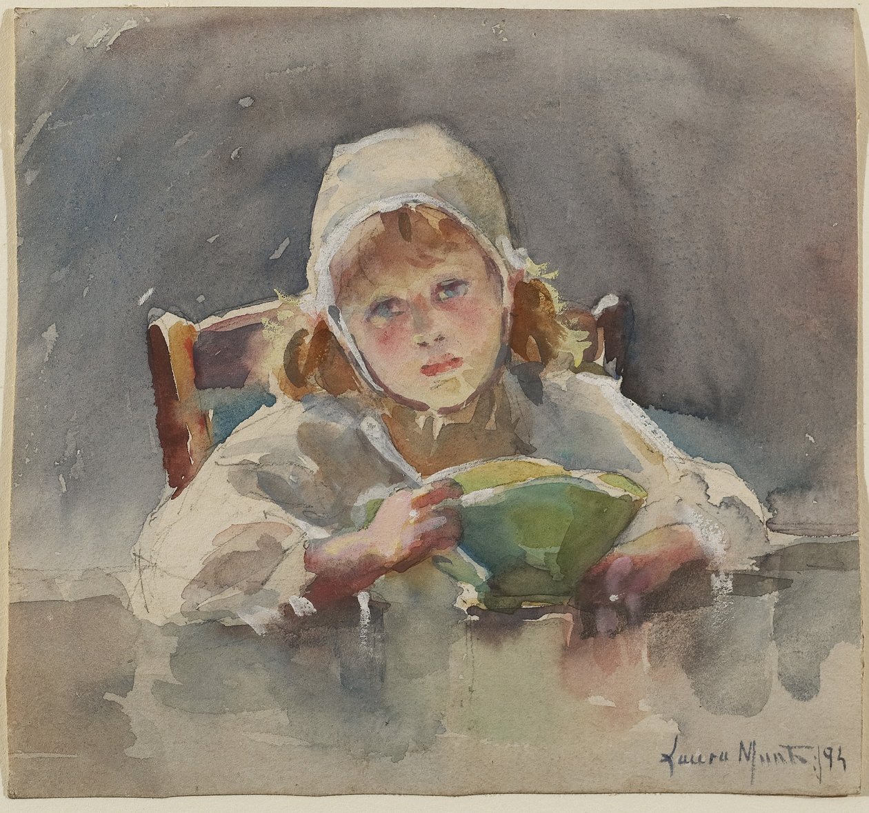 Dziecko z zieloną miską, 1895 (grafit, toaleta i gwasz na papierze) autorstwa Laura Muntz Lyall