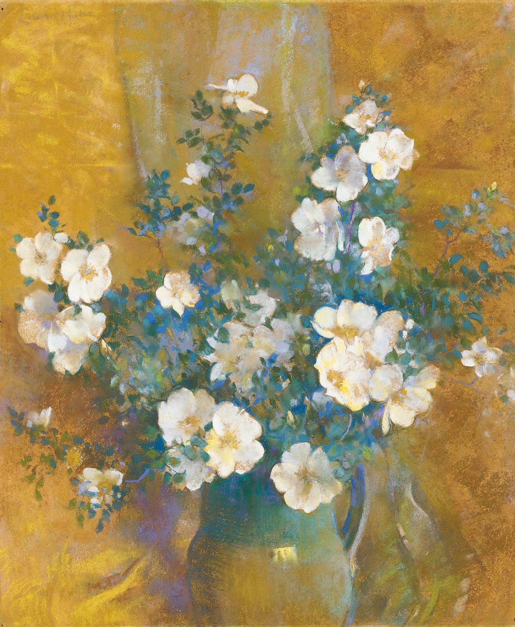 Białe róże (pastel na desce) autorstwa Laura Coombs Hills
