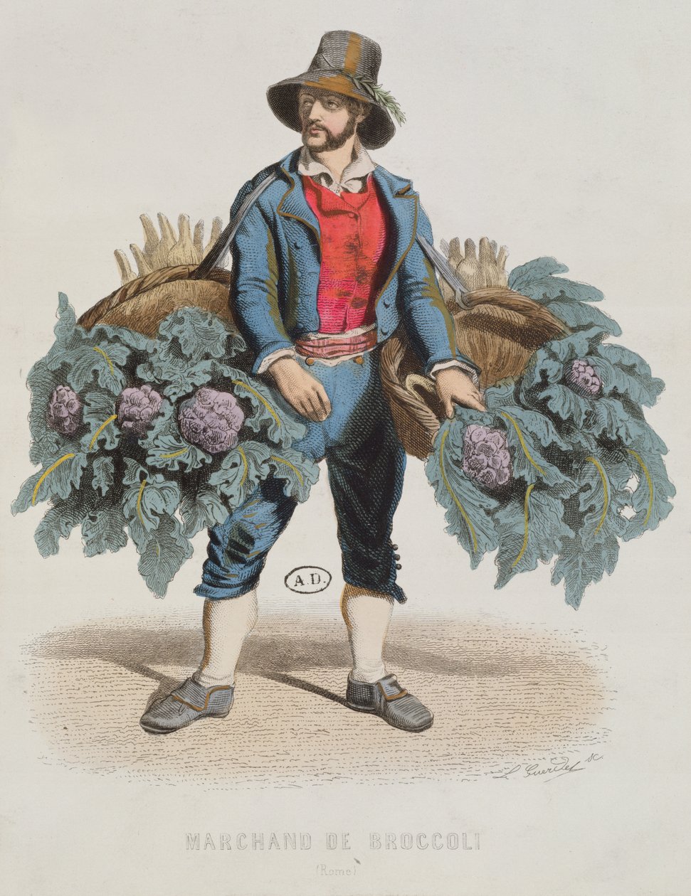 Sprzedawca brokułów w Rzymie, połowa XIX wieku (rycina kolorowa) autorstwa Laurent Francois Guerdet
