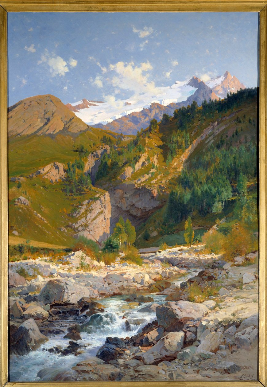 Potok ma Chavalchere, lodowiec Tabuchet i krajobraz gór Meije. Obraz Laurenta Guetala (1841-1892) 1888 Grenoble, Musee des Beaux Arts autorstwa Laurent Guétal