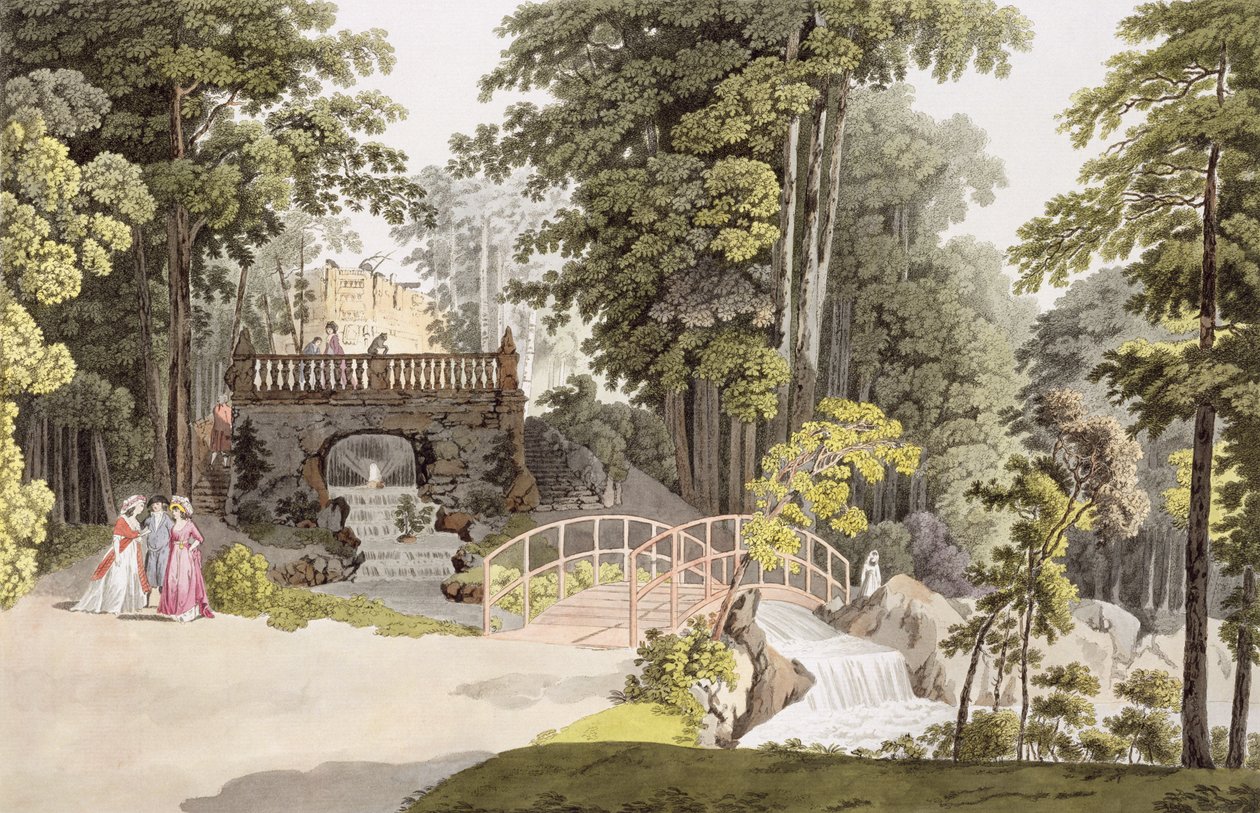 Widok na kaskadę w Erlaw, Wiedeń, z „Ogrodów Przyjemności w Wiedniu i okolicach”, rytowany przez Johanna Zieglera (ok. 1750-ok. 1812), ok. 1790 autorstwa Laurenz Janscha