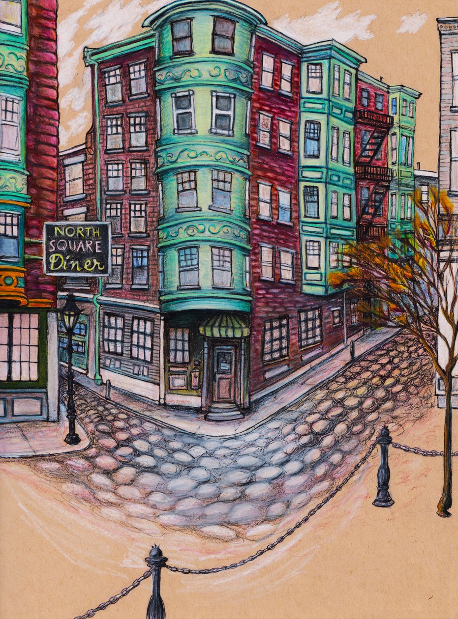 North Square Diner, 2025 (kolorowy ołówek i tusz na papierze tonowanym) autorstwa Laurie Michaels