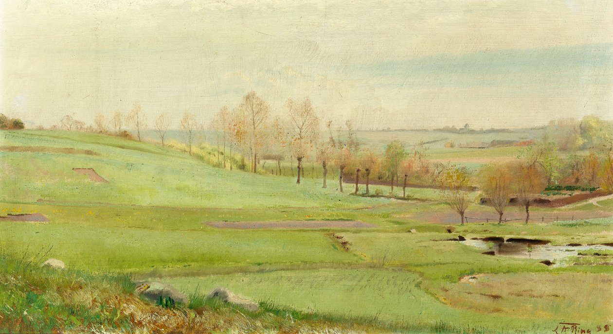 Wiosna krajobraz z jasnozielonymi polami; et Vandhul til h. Mogenstrup autorstwa Laurits Andersen Ring