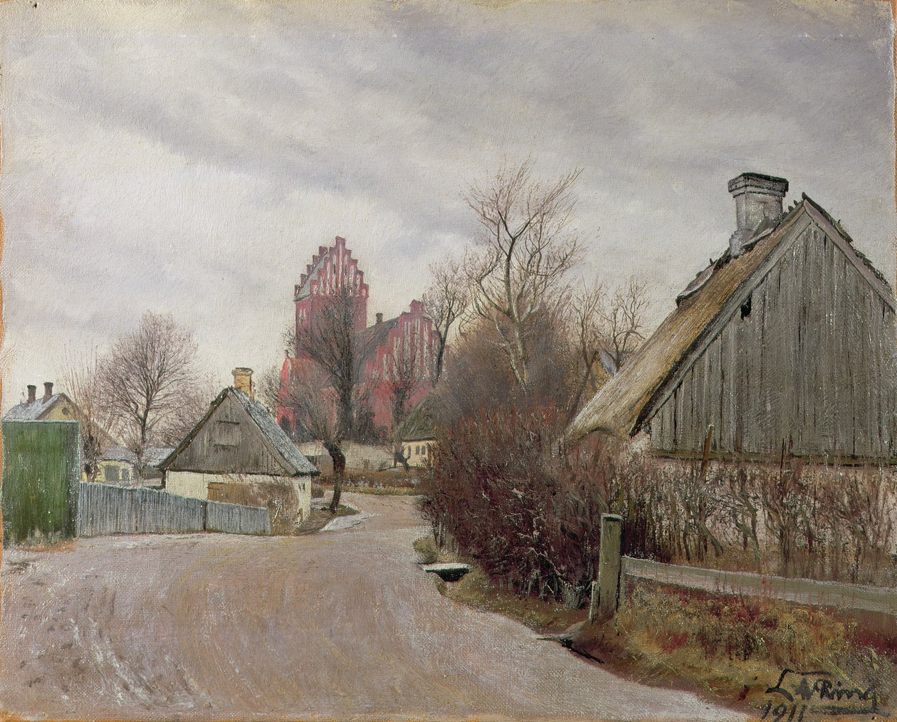 Gade i Hoje Taastrup (wiejska droga z domkami i wysokim kościołem) 1911 autorstwa Laurits Andersen Ring