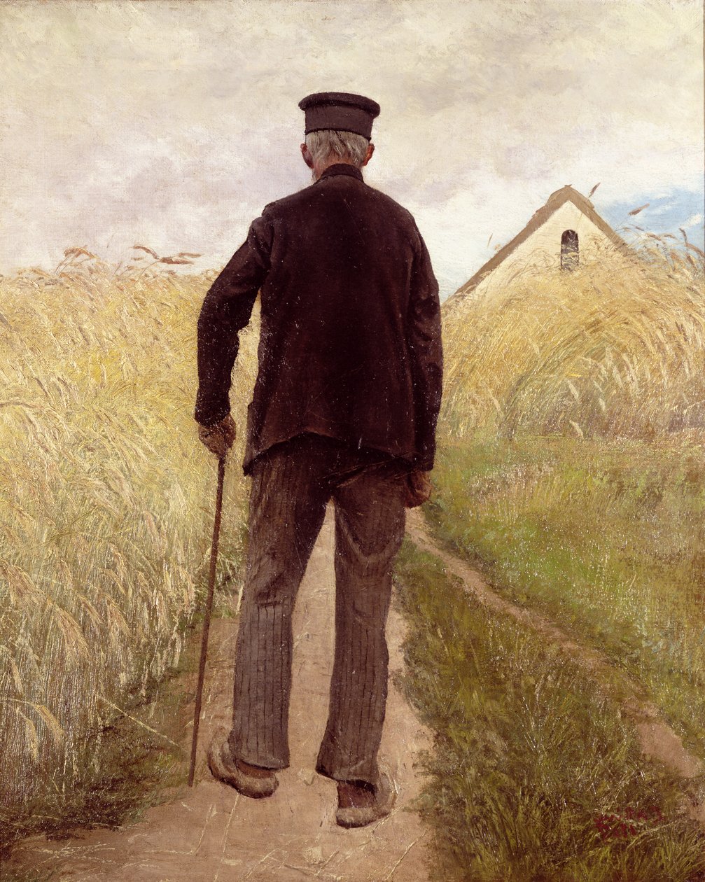 Stary człowiek spacerujący po polu żyta autorstwa Laurits Andersen Ring