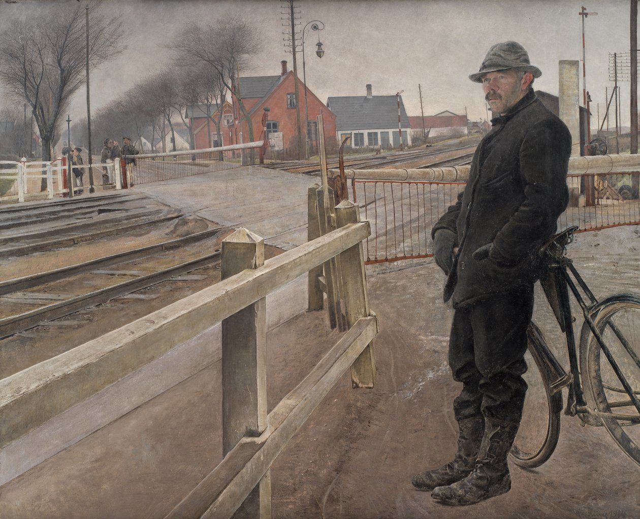 Czekam na pociąg. Przejazd kolejowy przy autostradzie Roskilde, 1914. autorstwa Laurits Andersen Ring