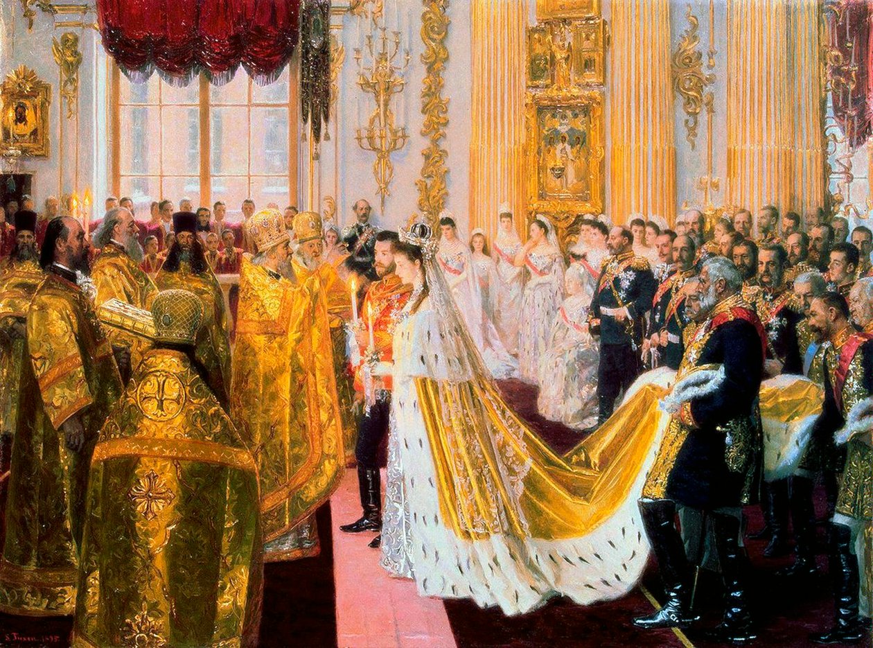 Ślub cara Mikołaja II i księżniczki Alix z Hesji-Darmstadt 26 listopada 1894 r. autorstwa Laurits Regner Tuxen