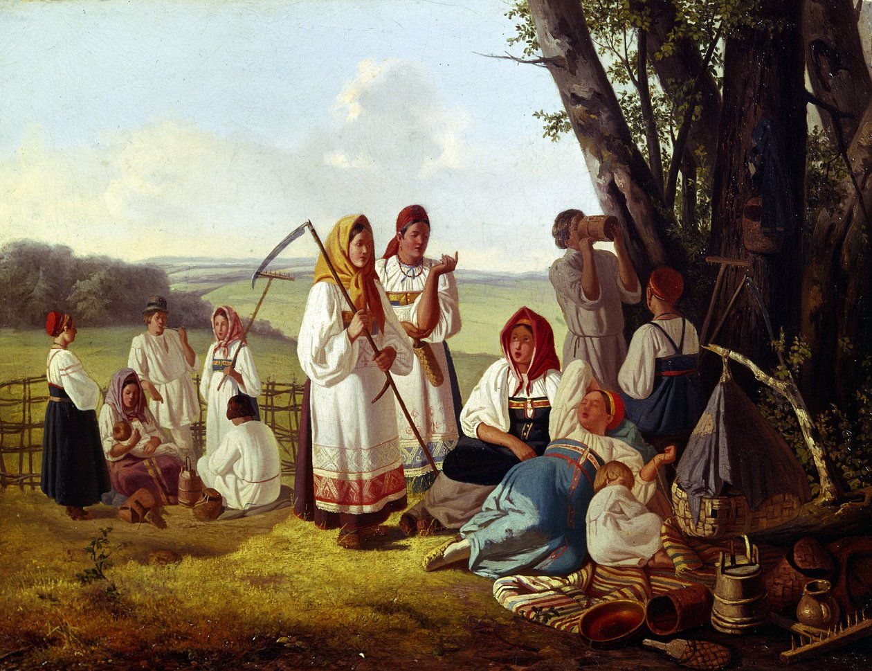 Odpoczywaj w czasie żniw. Grupa chłopów w tradycyjnych strojach je i gasi pragnienie wraz z dziećmi w cieniu drzew. Obraz Lavr Kuzmich Plakhov (1810-1881), olej na płótnie, ok. 1840 r. Sztuka rosyjska autorstwa Lavr Kuzmich Plakhov