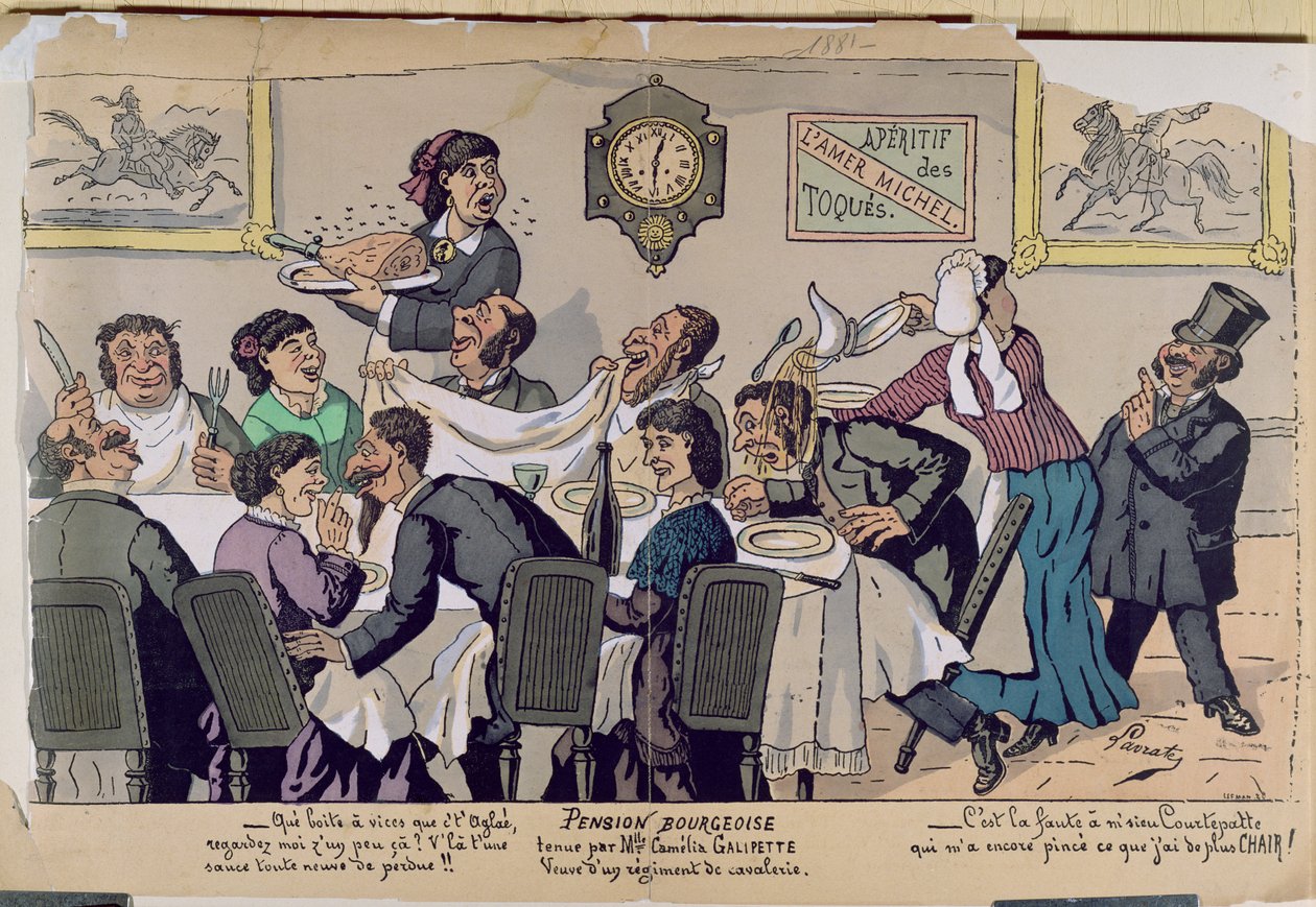 Internat klasy średniej, karykatura, 1881 (rycina kolorowa) autorstwa Lavrate