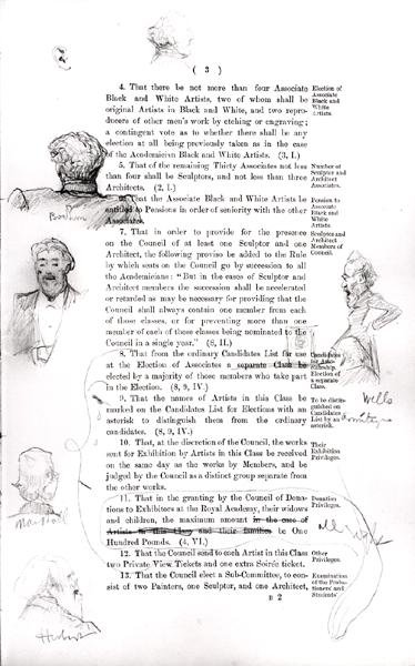 Szkic członka Komisji, z marginesu „Raportu Komisji Specjalnej Królewskiej Akademii Sztuk Pięknych, wybranego przez Walne Zgromadzenie 10 marca autorstwa Lawrence Alma Tadema