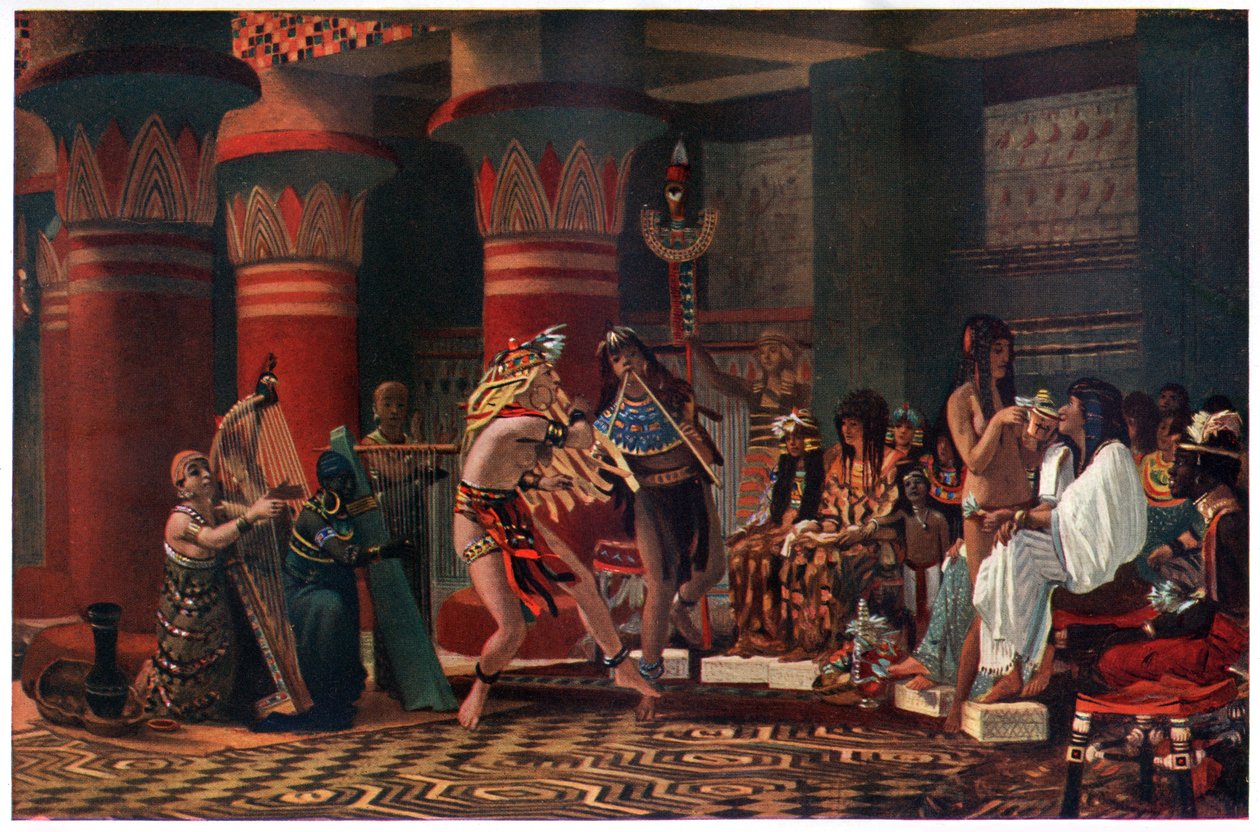 Rozrywka w starożytnym Egipcie trzy tysiące lat temu, ilustracja z „Egipskiego mitu i legendy”, opublikowanego przez Gresham Publishing, Co. autorstwa Lawrence Alma Tadema