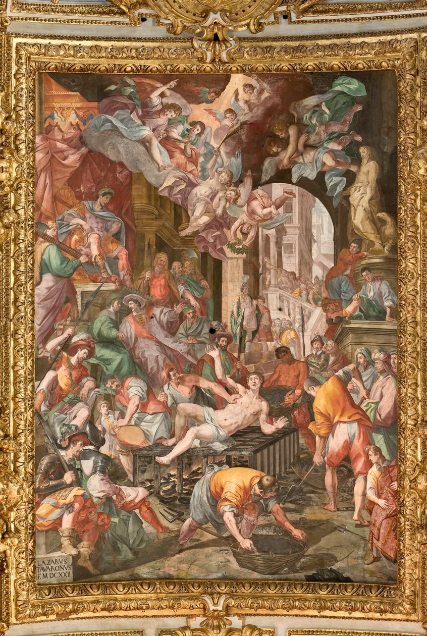Genua, Duomo (katedra św. Wawrzyńca), wewnątrz sklepienie prezbiterium: „Męczeństwo św. Wawrzyńca” autorstwa Lazzaro Tavarone