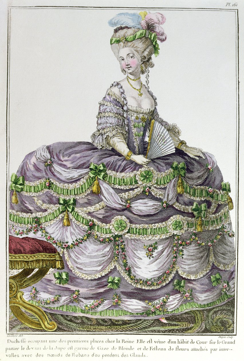 Księżna na dworze Ludwika XVI w sukni z panierami, numer rejestracyjny 161 z Galerie des Modes et Costumes, sztych. Dupin, ok. 1778-87 autorstwa Le Clere