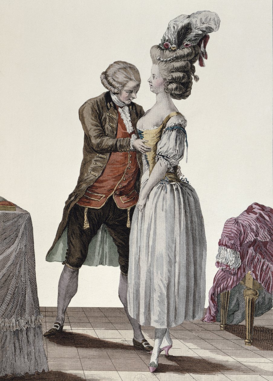Krawiec przymierzający modny gorset na kobiecie, talerz z Galerie des Modes et Costumes, grawerowany przez Dupina, ok. 1778-87 autorstwa Le Clere