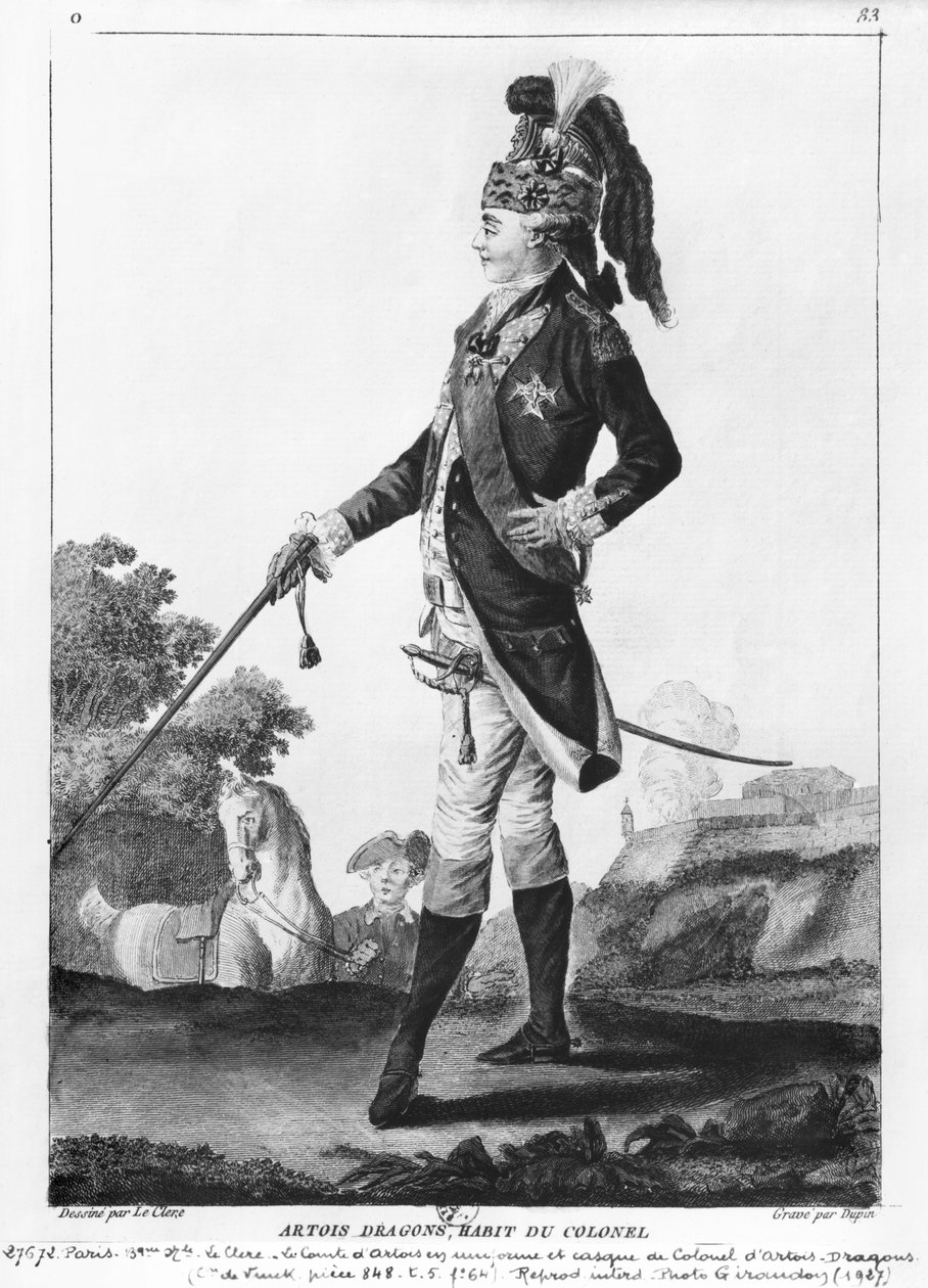Karol francuski (1757-1836) hrabia Artois, ubrany w hełm i mundur pułkownika Artois-Dragons, wyryty przez Dupina autorstwa Le Clere