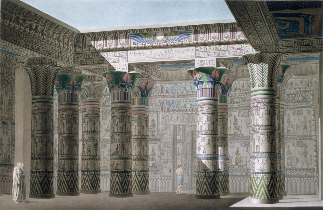 Widok perspektywiczny wnętrza z portyku Wielkiej Świątyni na wyspie Philae, tablica 18, z tomu I „Opisów Egiptu”, ryty: Antoine Phelippeaux (ur. 1767) 1822 (akwatinta) autorstwa Le Pere