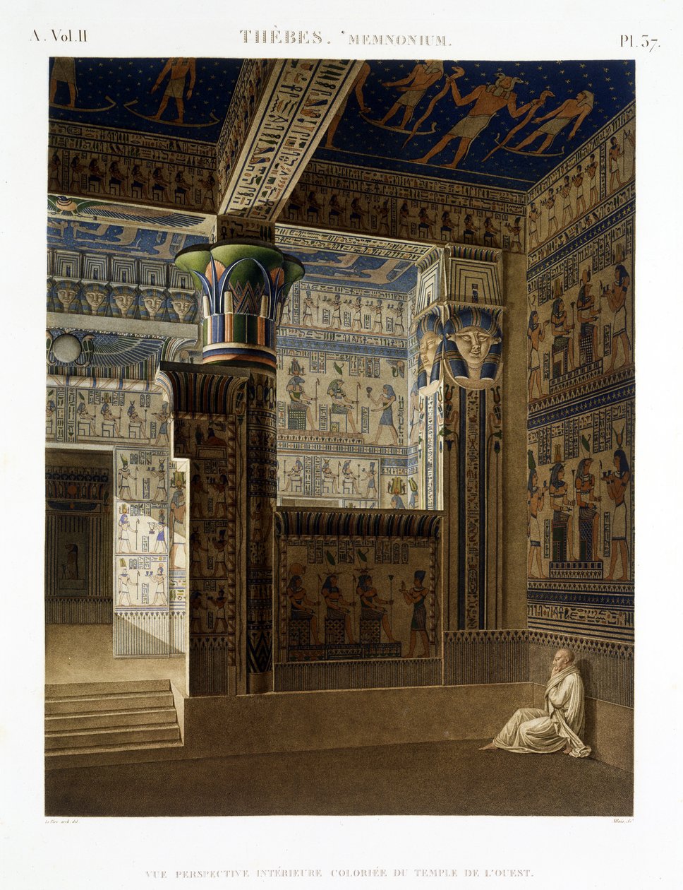 Widok wnętrza Zachodniej Świątyni Memnonium, Teby, tablica 37 z tomu II "Opisów Egiptu", sztychowana przez Allais, 1822 (akwatinta) autorstwa Le Pere