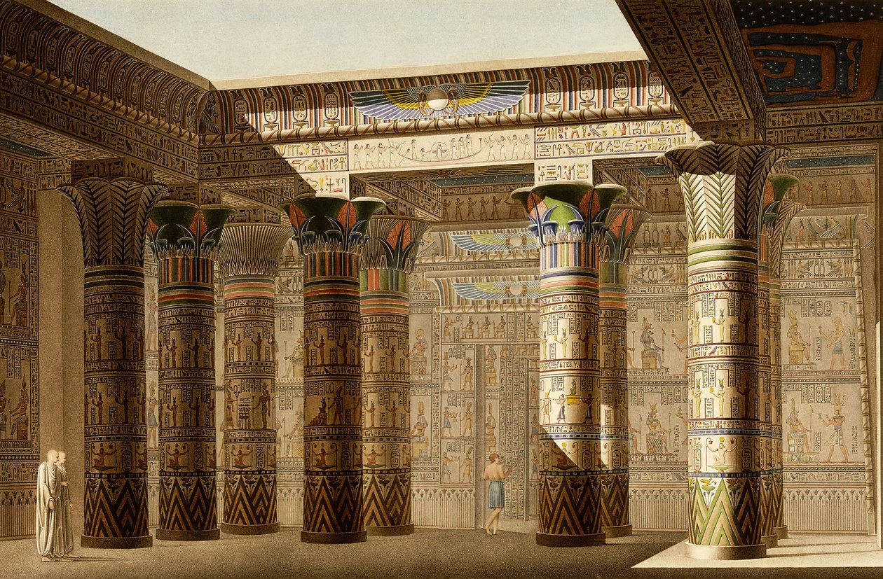 Portyk Wielkiej Świątyni Philae, Nubia, ok. 1809-1812 (kolorowe grawerowanie) autorstwa Le Pere (after)