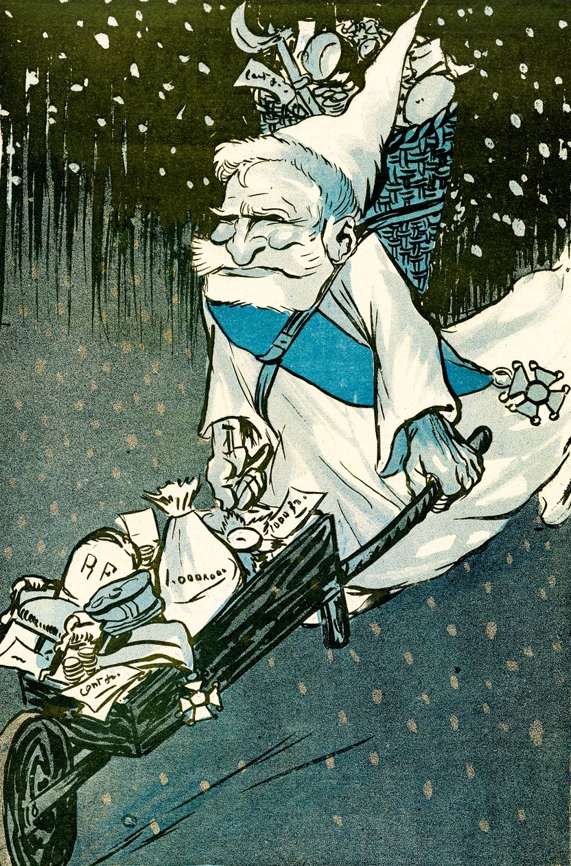 Boże Narodzenie dla dużych dzieci – prezydent Francji Emile Loubet przebrany za Świętego Mikołaja z taczką prezentów dla dorosłych. 1905. (lito) autorstwa Leal de Camara