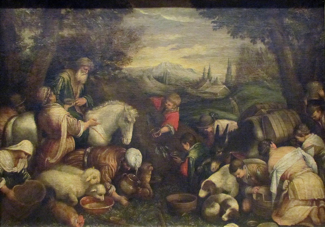 Mojżesz uderzający w skałę autorstwa Leandro Bassano