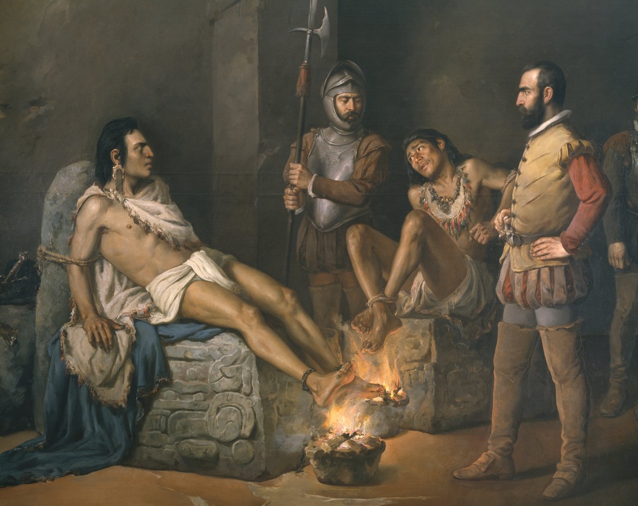 Tortury Cuauhtemoca (1497-1525) 1893 (fragment) (olej na płótnie) autorstwa Leandro Izaguirre