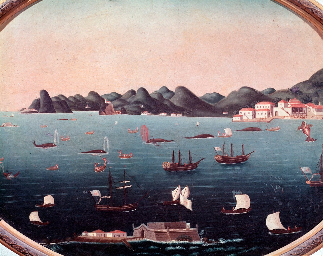Wielorybnictwo w Zatoce Guanabara w Brazylii Akwarela Leandro Joaquima (1738-1798) XVIII-wieczne Rio de Janeiro, Narodowe Muzeum Historyczne autorstwa Leandro Joachim