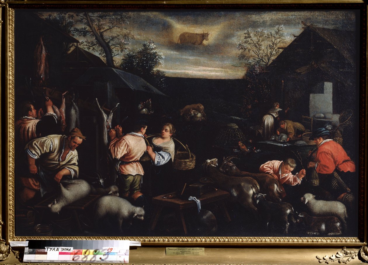 „Miesiąc kwiecień” (kwiecień) Strzyżenie owiec. Symbol znaku Byka na niebie. Obraz Leandro Bassano da Ponte (1557-1622) 1595-1600 Wymiary 144x190 cm Państwowe Muzeum Sztuki Tula Rosja autorstwa Leandro da Ponte Bassano