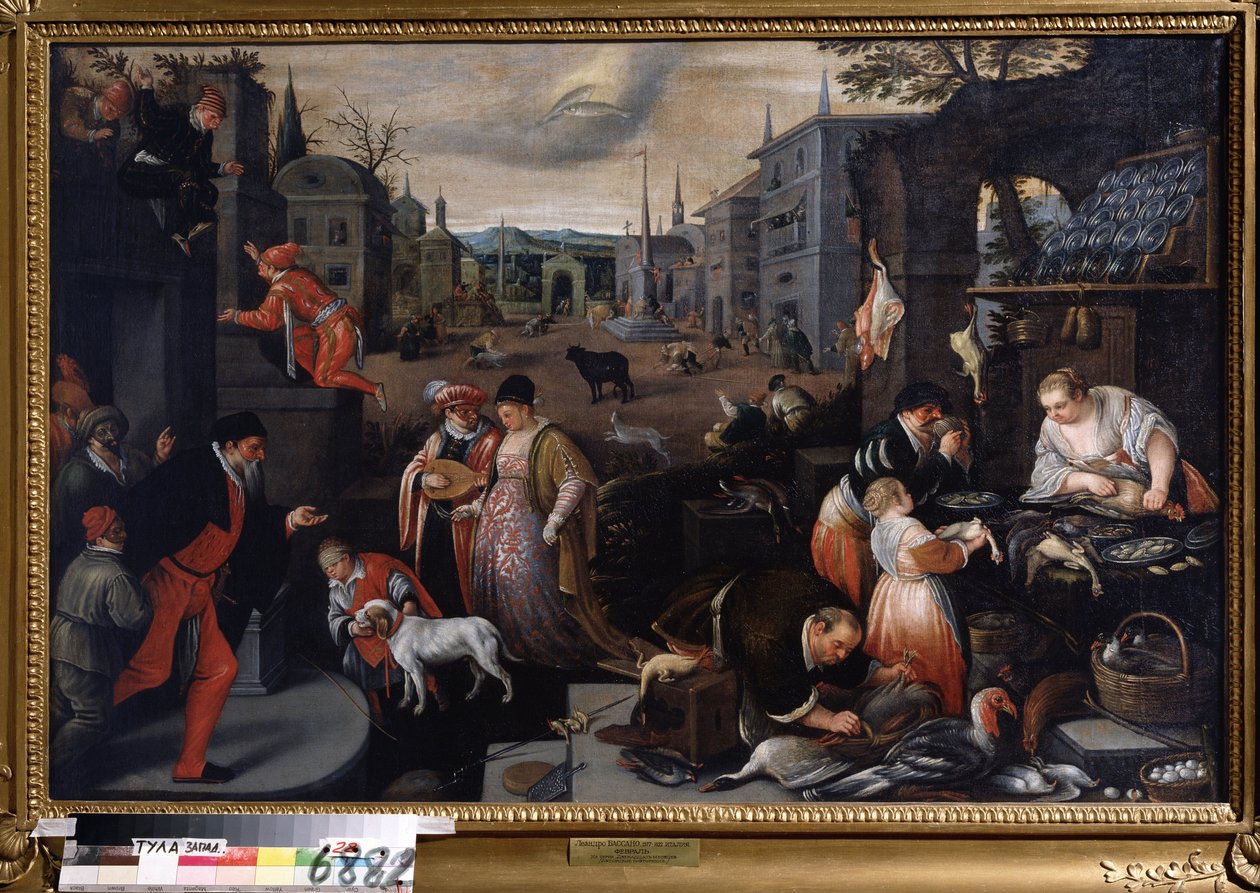 „Le mois de fevrier”” (luty) Scena spaceru w czasie Karnawału. Symbol znaku Ryb na niebie. Obraz Leandro Bassano da Ponte (1557-1622) 1595-1600 Wymiary 144x190 cm Państwowe Muzeum Sztuki Tula Rosja autorstwa Leandro da Ponte Bassano