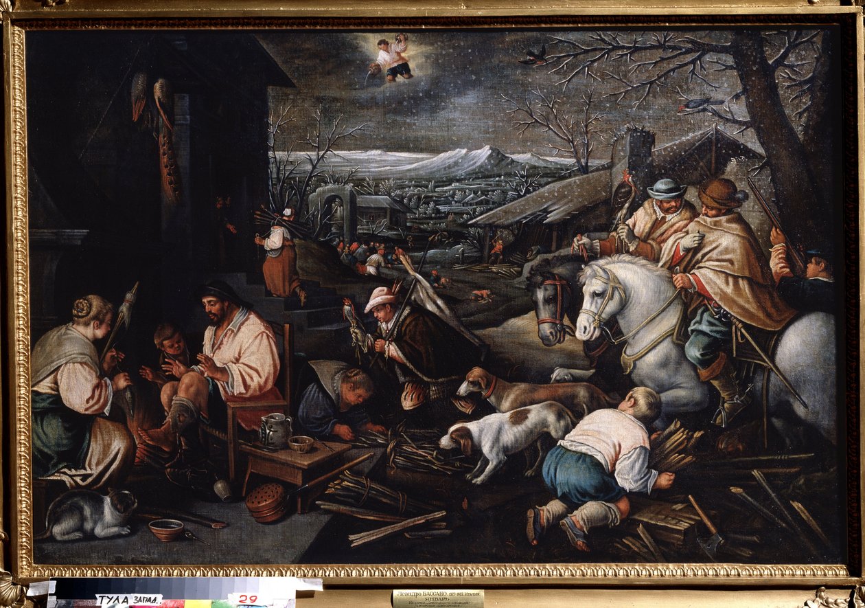 ""Miesiąc styczeń"" (styczeń) Myśliwi, kobiety przędą wełnę. Symbol Wodnika na niebie. Obraz Leandro Bassano da Ponte (1557-1622) Wymiary 146 x 192 cm Państwowe Muzeum Sztuki Tula Rosja autorstwa Leandro da Ponte Bassano
