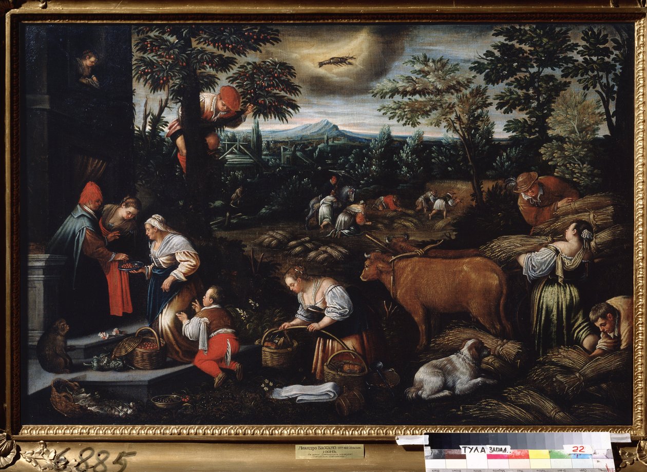 ""Miesiąc czerwiec"" (czerwiec) Praca w gospodarstwie przy zbiorze wiśni i pszenicy. Symbol znaku raka na niebie. Obraz Leandro Bassano da Ponte (1557-1622) 1595-1600 Państwowe Muzeum Sztuki Tula Rosja autorstwa Leandro da Ponte Bassano