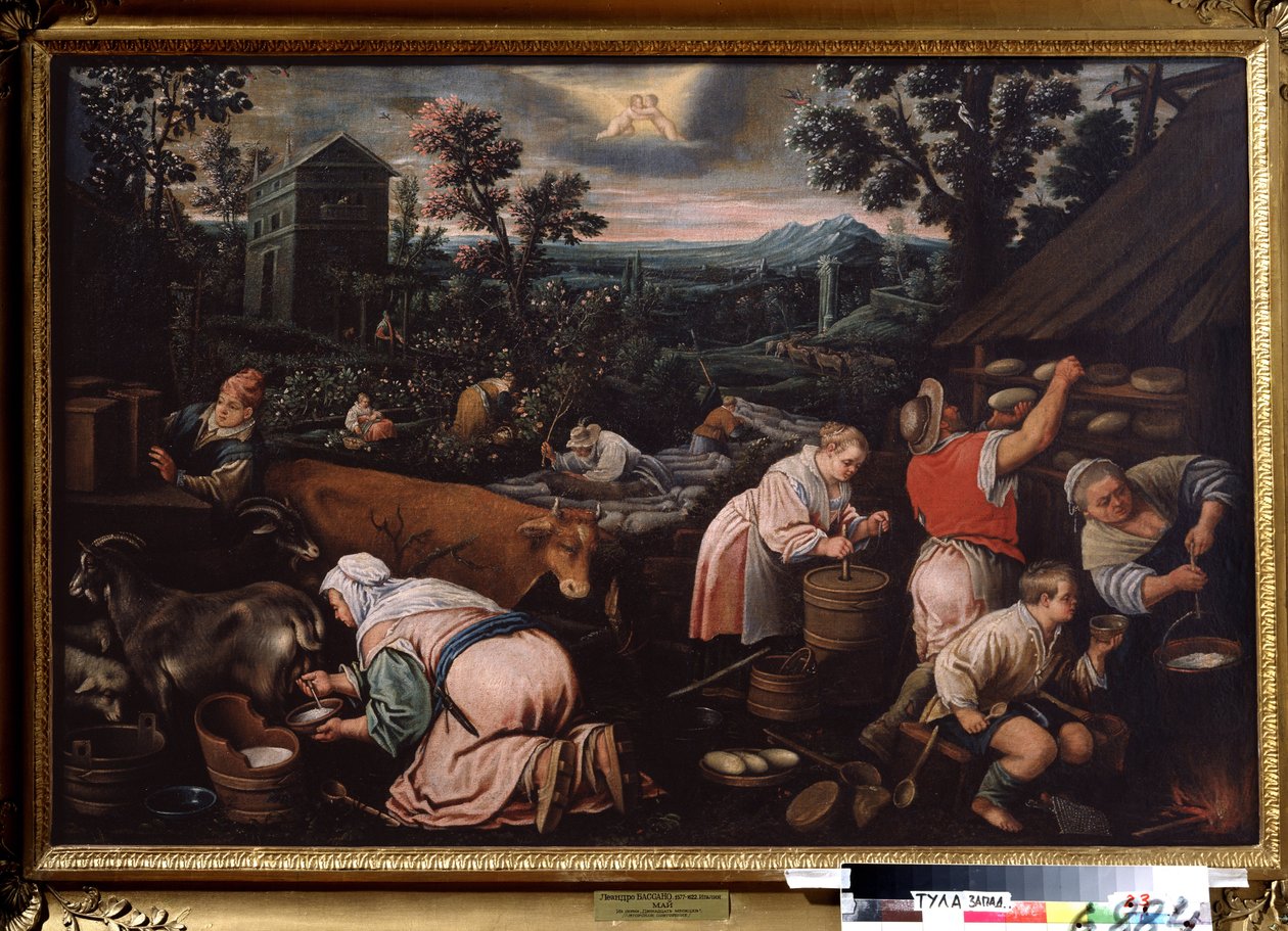 ""Miesiąc maj"" (maj) Dojenie kóz, wytwarzanie sera. Symbol znaku Bliźniąt na niebie. Obraz Leandro Bassano da Ponte (1557-1622) 1595-1600 Państwowe Muzeum Sztuki Tula Rosja autorstwa Leandro da Ponte Bassano