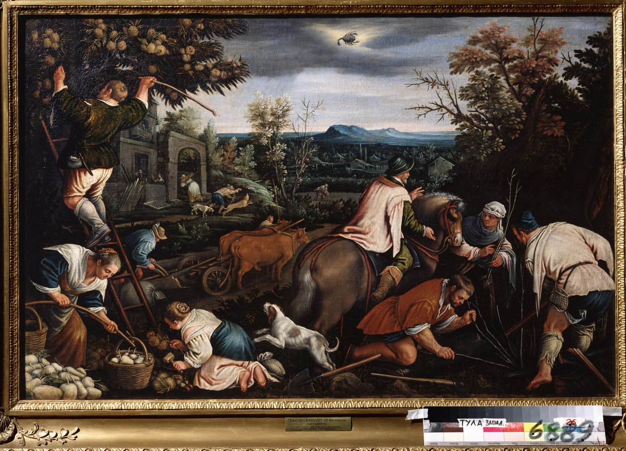 ""Miesiąc październik"" (październik) Praca w polu. Rolnicy sadzą drzewa. Symbol znaku skorpiona na niebie. Obraz Leandro Bassano da Ponte (1557-1622) 1595-1600 Państwowe Muzeum Sztuki Tula Rosja autorstwa Leandro da Ponte Bassano