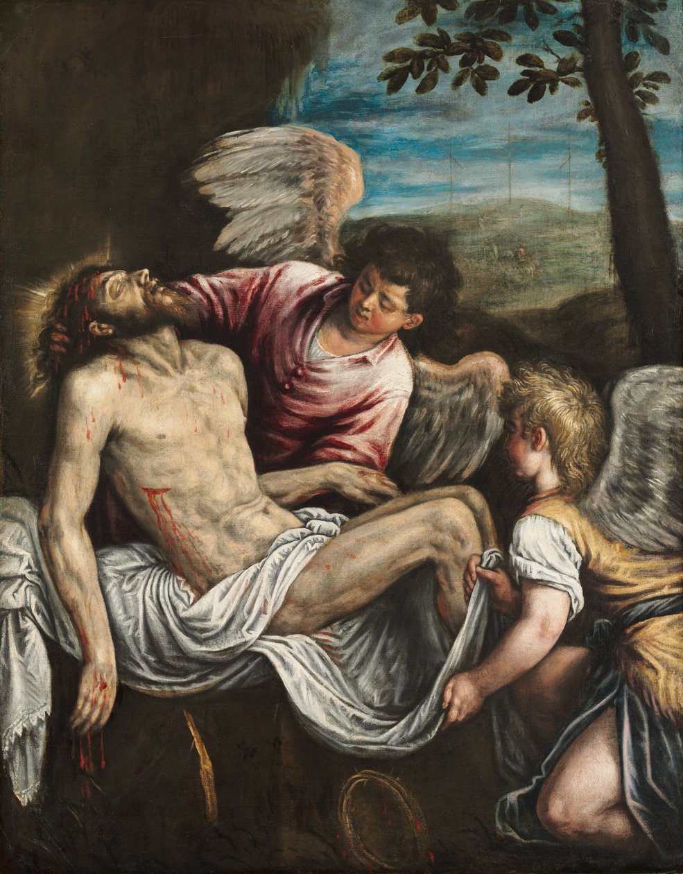 Martwy Chrystus z aniołami, ok. 1580 (olej na płótnie) autorstwa Leandro da Ponte Bassano
