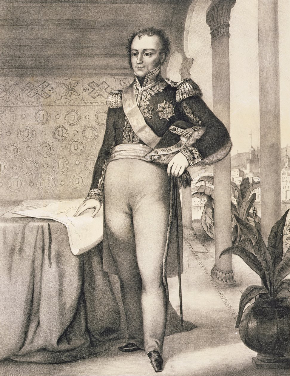 Portret hrabiego de Bourmont (1773-1846), głównodowodzącego wyprawy afrykańskiej, z tomu upamiętniającego francuskie siły ekspedycyjne, które zdobyły Algier w 1830 r. autorstwa Leberthais