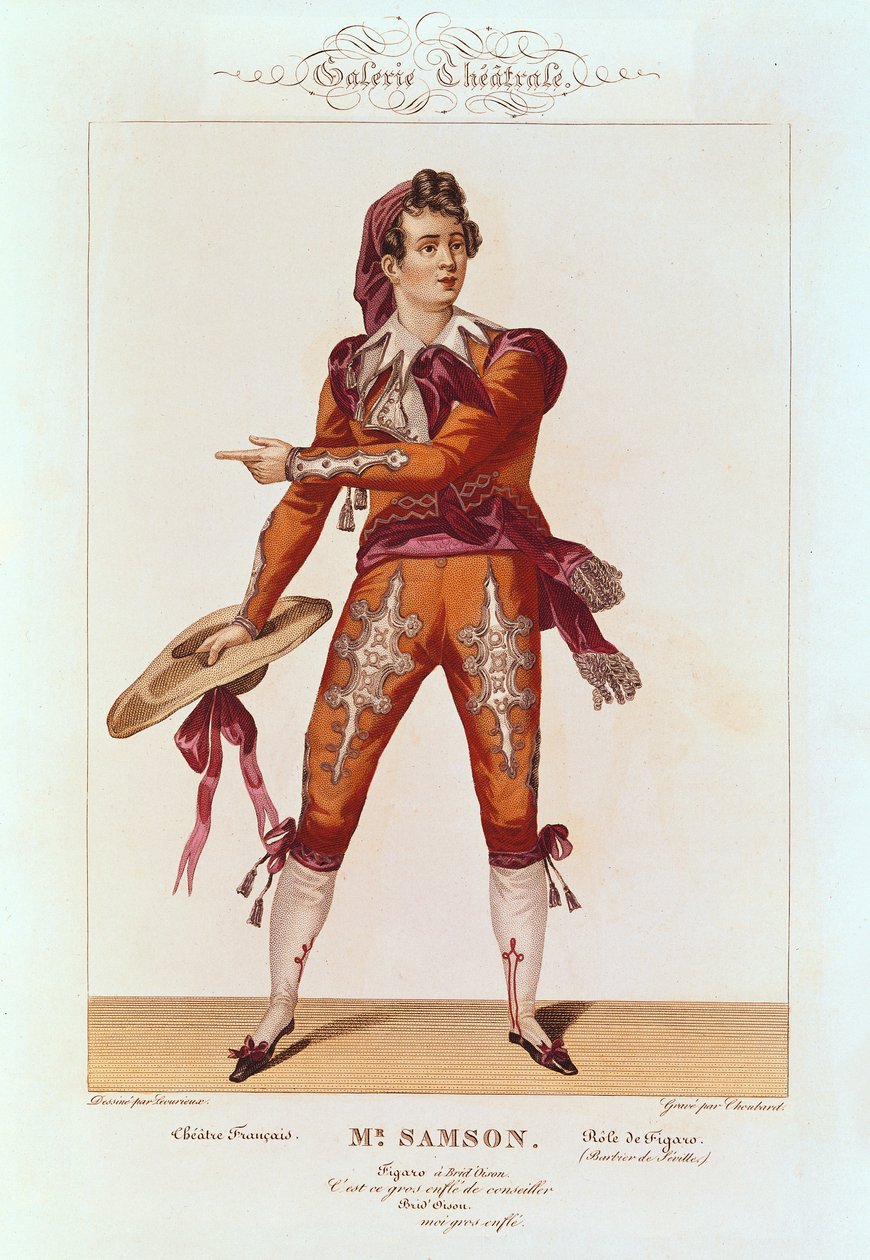Joseph Isidore Samson (1793-1871) w roli Figara w "Cyruliku sewilskim", rycina Choubarda (fl.1810-30) autorstwa Lecurieux