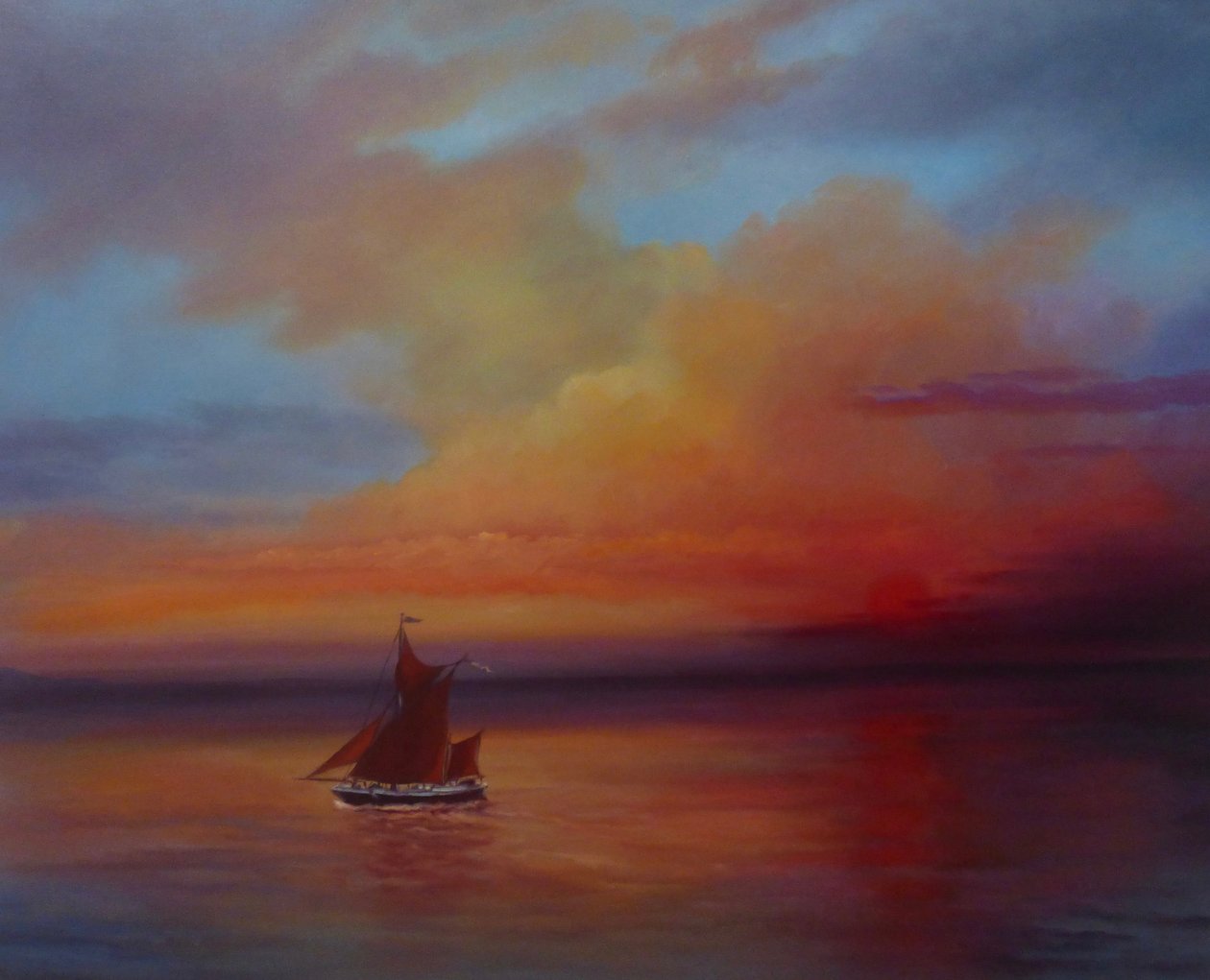 Czerwone żagle - Thames Barge na pełnych żaglach, 2022 (olej na płótnie) autorstwa Lee Campbell