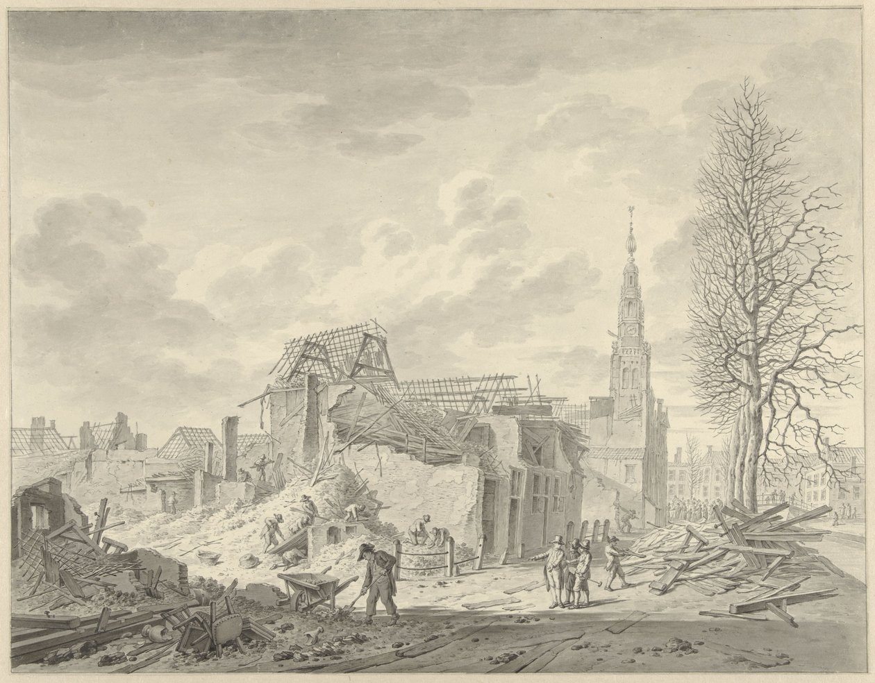 Widok Rapenburga w Lejdzie po katastrofie prochowej z 12 stycznia 1807 r. autorstwa Leendert Overbeek