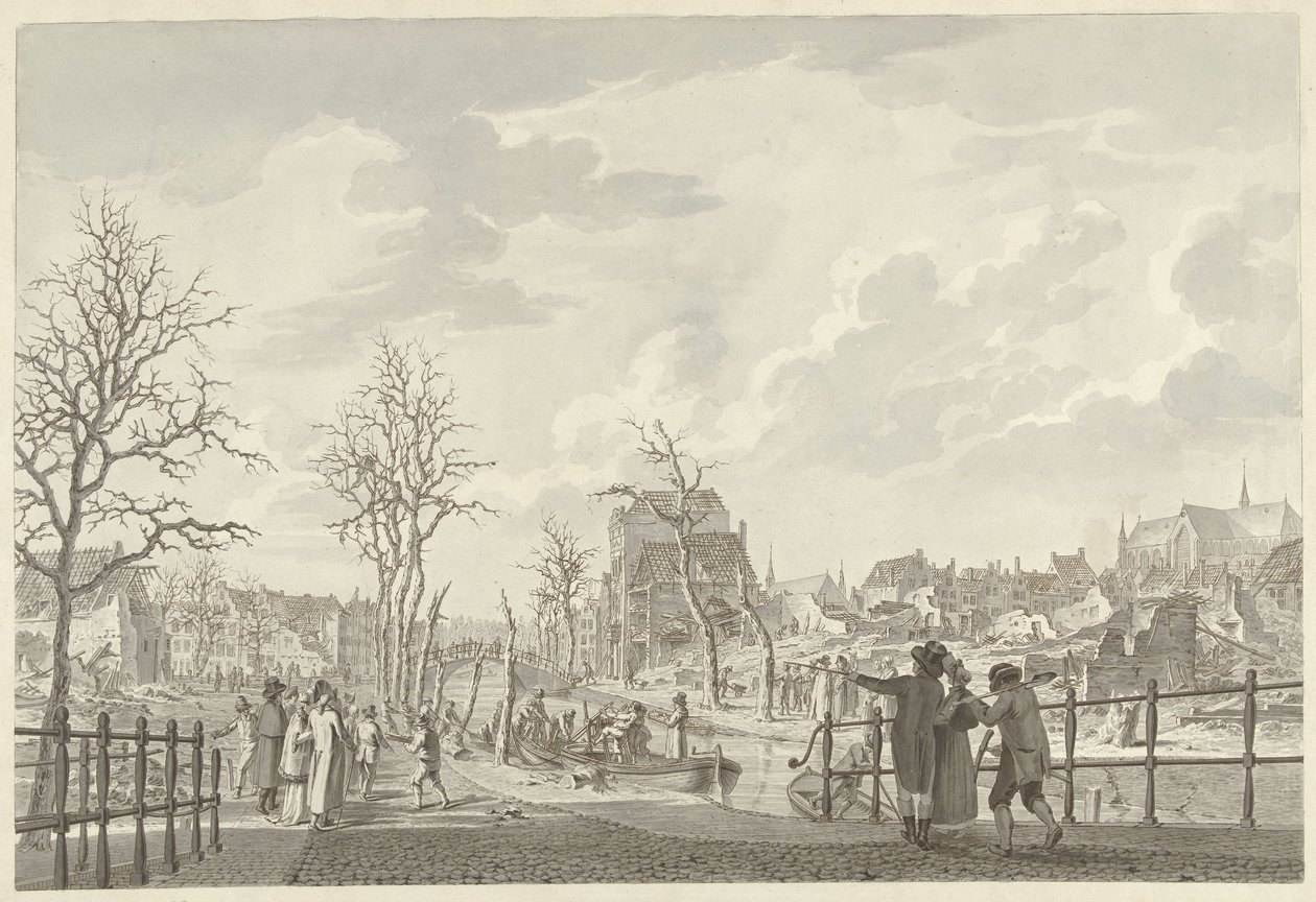 Ruiny na Rapenburgu w Lejdzie po katastrofie prochowej z 12 stycznia 1807 r. autorstwa Leendert Overbeek