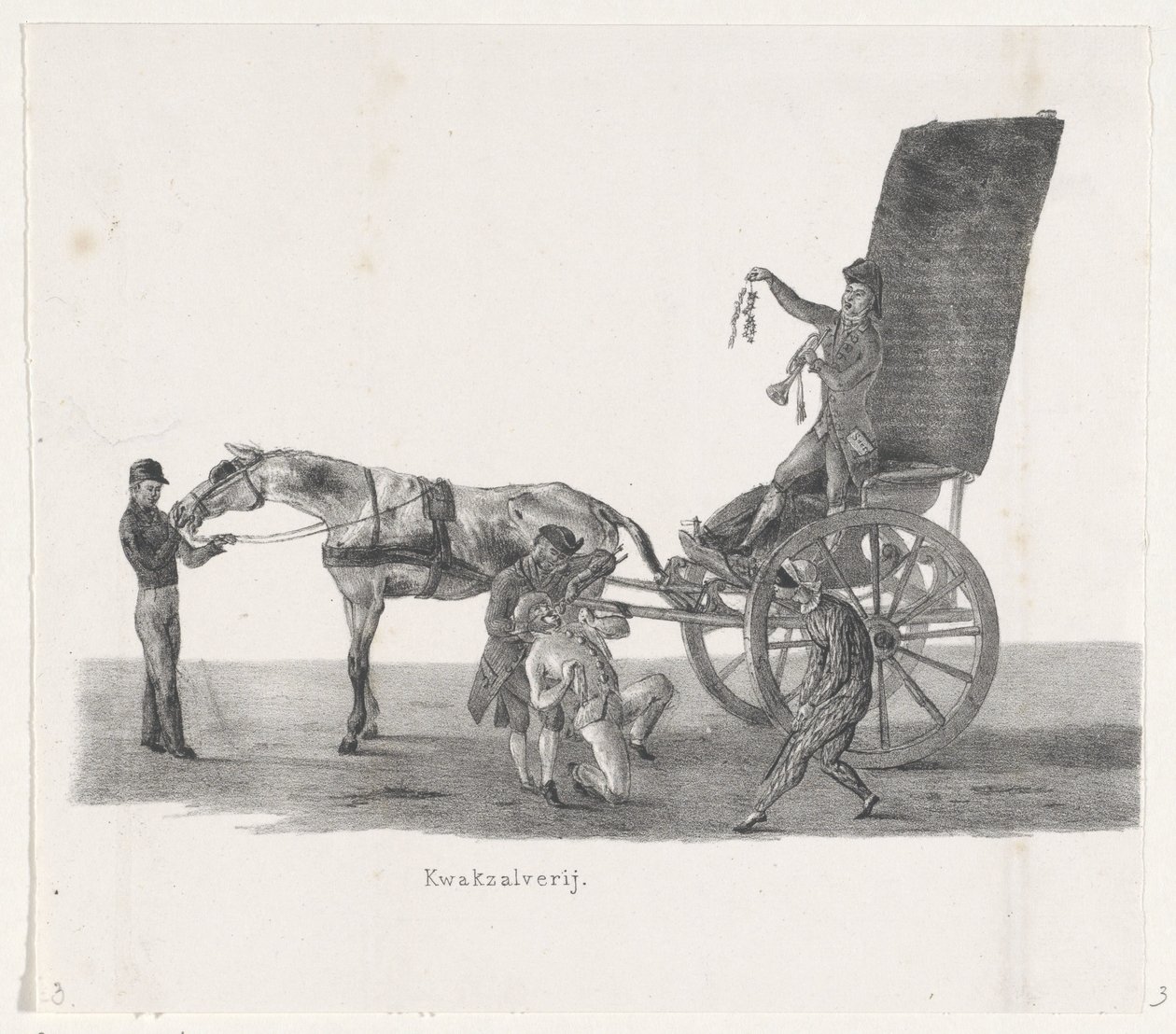 Sjees ze znachorem, 1835 znachorstwo (tytuł na obiekcie) Indywidualne występy, na które wstępuje H.H. Uczniowie Leidsche Hoogeschool 9 lutego 1835, zamknięte (tytuł serii na obiekcie) autorstwa Leendert Springer (I)