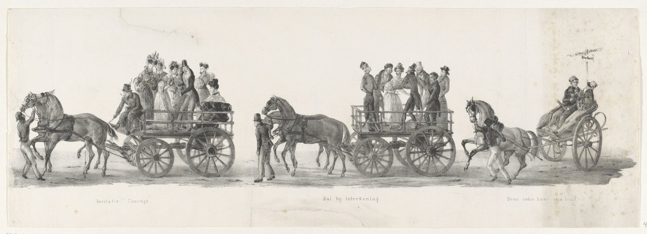 Zaproszenie na koncert, bal i pijani studenci, 1835 Zaproszenie Koncert / Bal w Inteekening / Deus nobis haec otia fecit (tytuł na obiekcie) Indywidualne występy, na które wstępuje H.H. Uczniowie Leidsche Hoogeschoo autorstwa Leendert Springer (I)