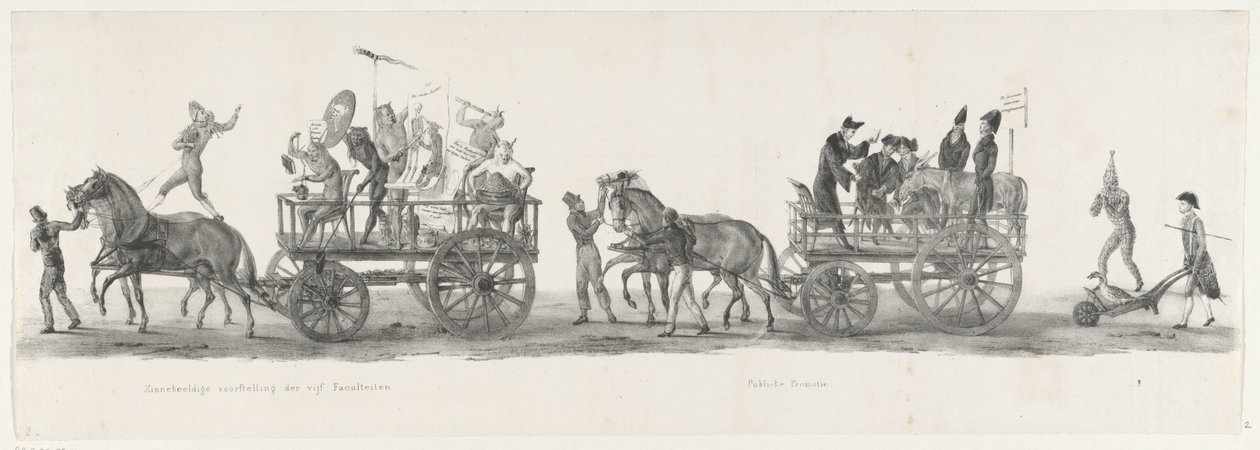 Pięć wydziałów i promocja społeczna, 1835 Symboliczne przedstawienie pięciu Wydziałów / Promocja Publiczna (tytuł na obiekcie) Indywidualne występy, na które wstępuje H.H. Uczniowie Leidsche Hoogeschool 9 lutego: 1 autorstwa Leendert Springer (I)