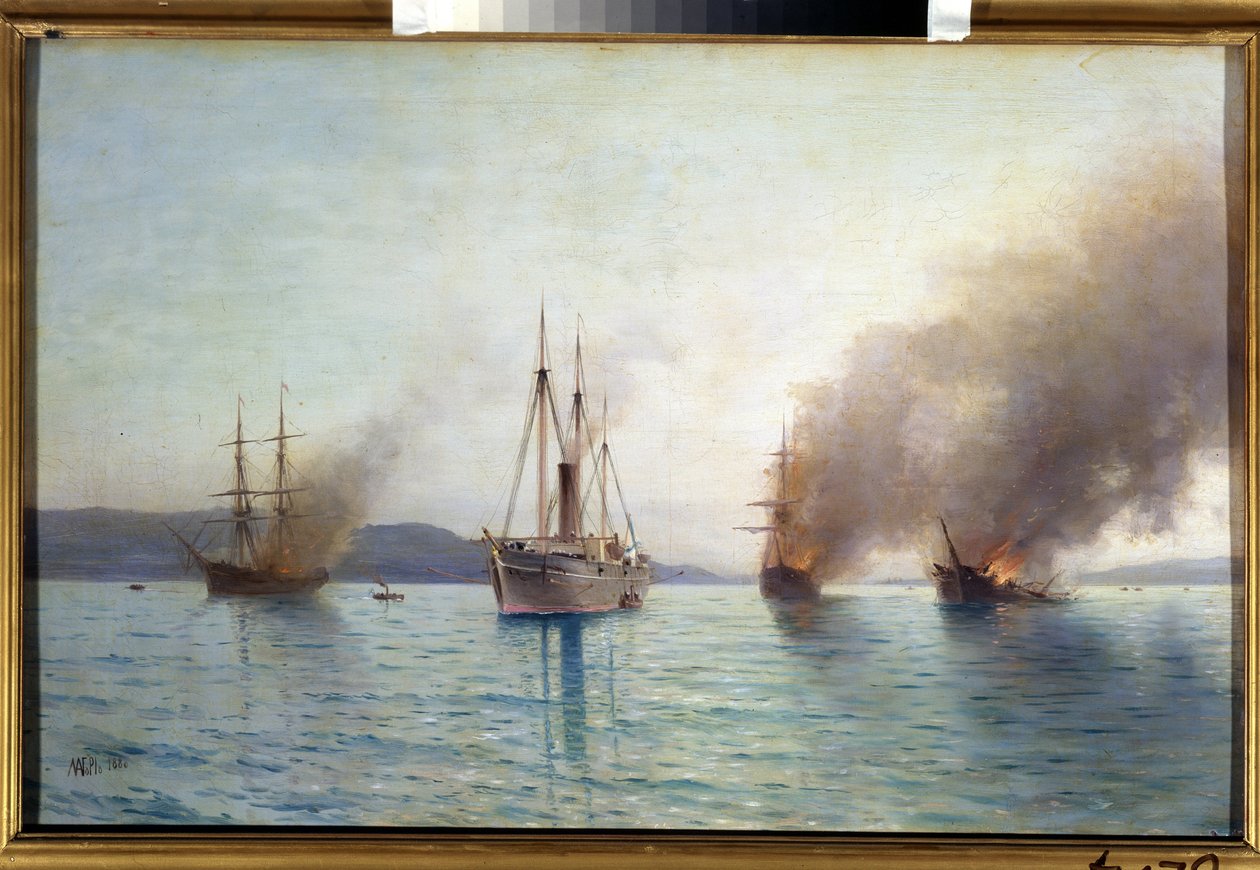 Rosyjski statek torpedowy Wielki książę Konstantin niszczący tureckie statki nad Bosforem 1877 r. (Przetarg rosyjskiego statku torpedowego Wielki książę Konstantin niszczący tureckie statki nad Bosforem 1877 r.). Bitwa morska wojny między Rosjanami autorstwa Lef Feliksovich Lagorio