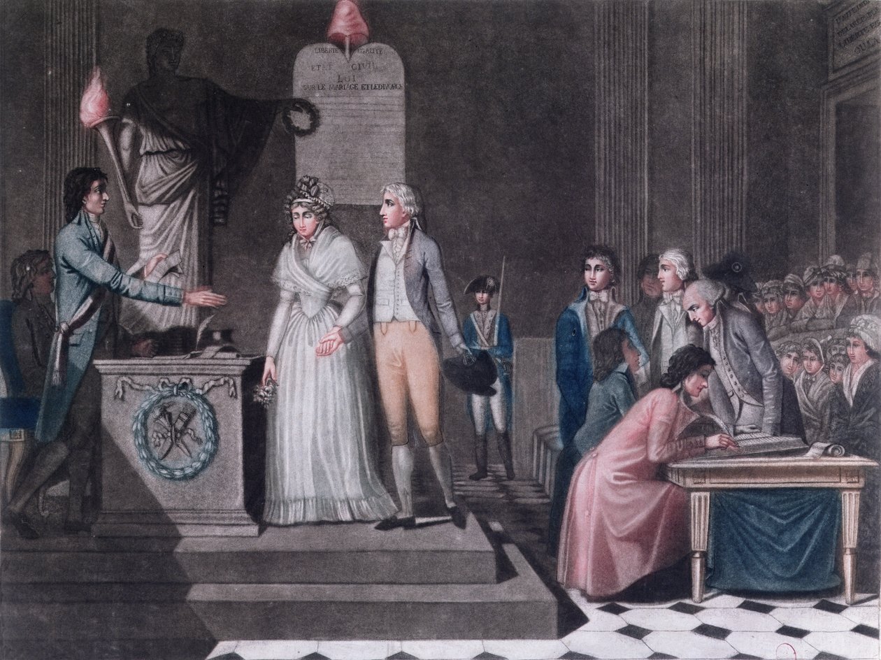 Burmistrz biorący ślub republikański w okresie Rewolucji Francuskiej, ok. 1795 (kolor grawerowany) autorstwa Legrand